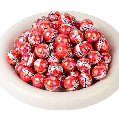 100Pcs 16mm acrylic printing red Budweiser straight hole round beads DIY mobile phone chain keychain bead jewelry accessories