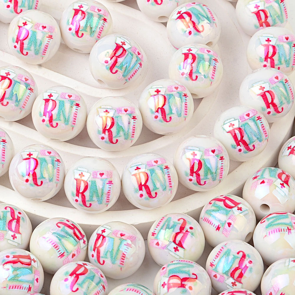 100Pcs Acrylic Nurse Occupation RN Nurse Logo Straight Hole Round Bead DIY Live Mobile Phone Rope Keychain Chain Pen Accessories
