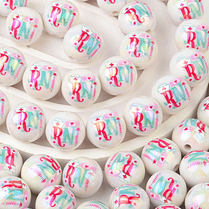 100Pcs Acrylic Nurse Occupation RN Nurse Logo Straight Hole Round Bead DIY Live Mobile Phone Rope Keychain Chain Pen Accessories