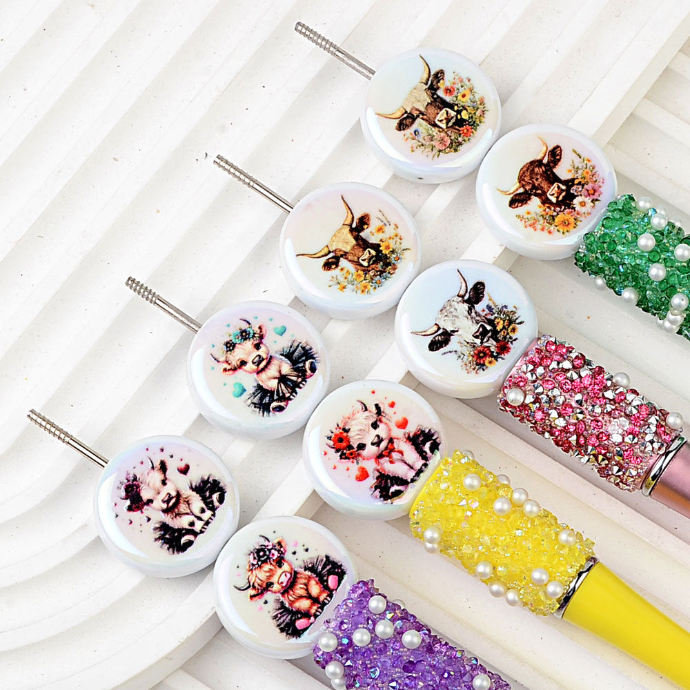 100Pcs acrylic double-sided printing cow head pattern straight hole round beads DIY mobile phone rope keychain string pen accessories wholesale