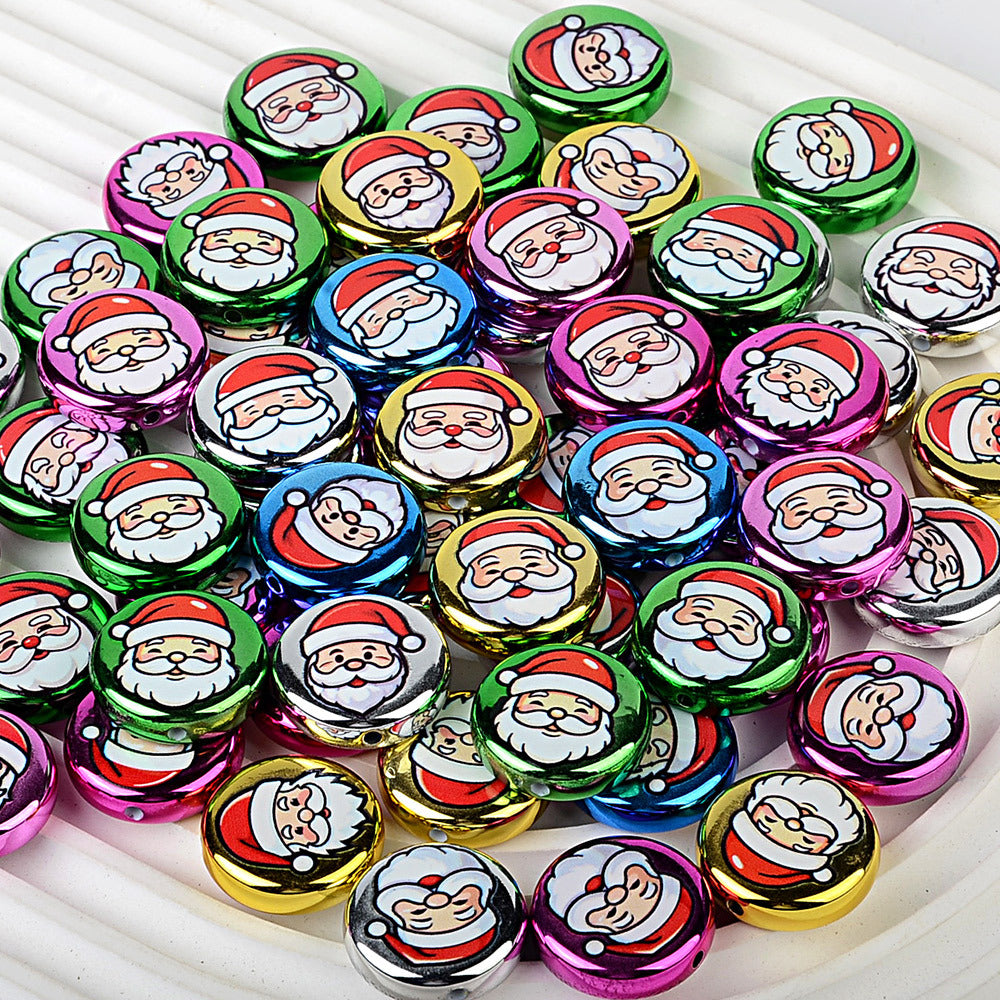 100Pcs 24mm metallic Christmas series printed through-hole flat beads DIY mobile phone bag chain jewelry accessories wholesale