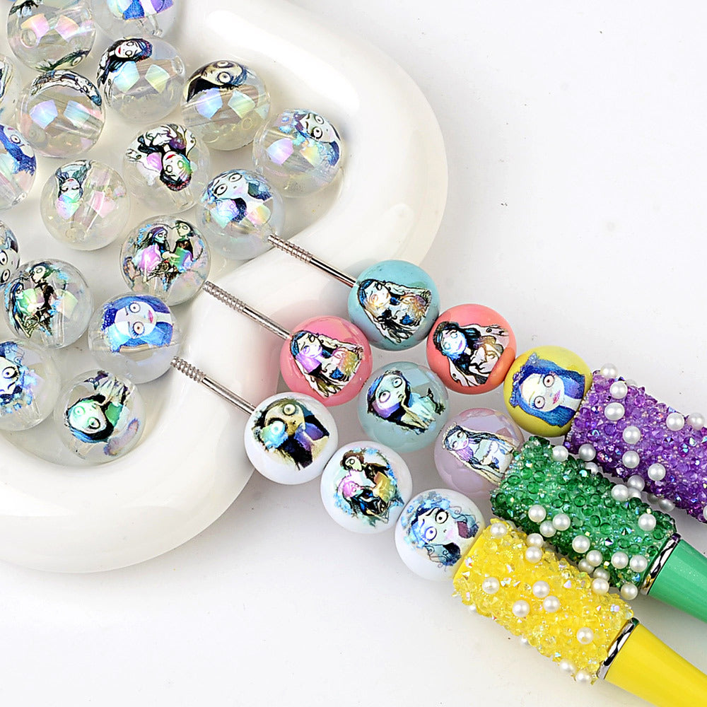 100Pcs Printed Halloween Theme Emily Victor Character Straight Hole Beads DIY Handmade Necklace Bead Pen Accessories