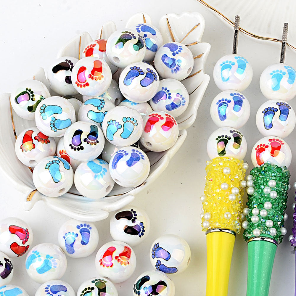 100Pcs Symphony Small Feet Printed Acrylic Beads DIY Handmade Bead Pen Loose Bead Jewelry Bracelet Through Hole Accessories