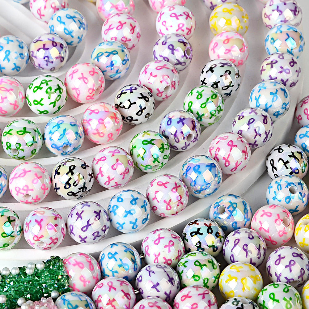 100Pcs cross-border color ribbon printing straight hole round beads DIY mobile phone chain bracelet necklace color plating accessories material wholesale