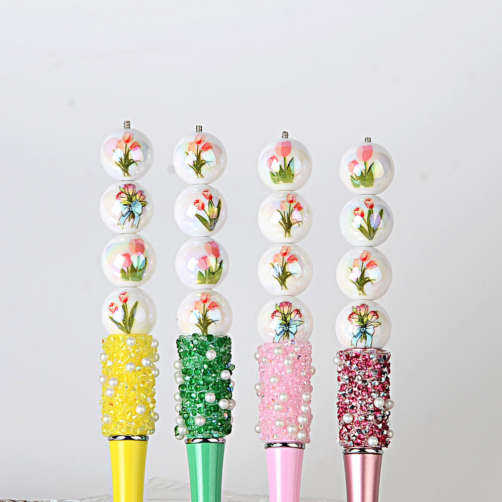 100Pcs tulip printed acrylic round beads, straight hole flower beaded accessories DIY handmade pen string bracelet material