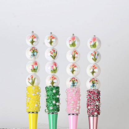 100Pcs tulip printed acrylic round beads, straight hole flower beaded accessories DIY handmade pen string bracelet material