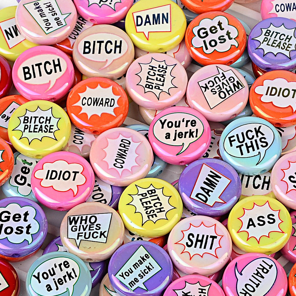 100Pcs double-sided printed English letters swear words disc beaded through hole round bead DIY handmade jewelry bracelet bag pendant material
