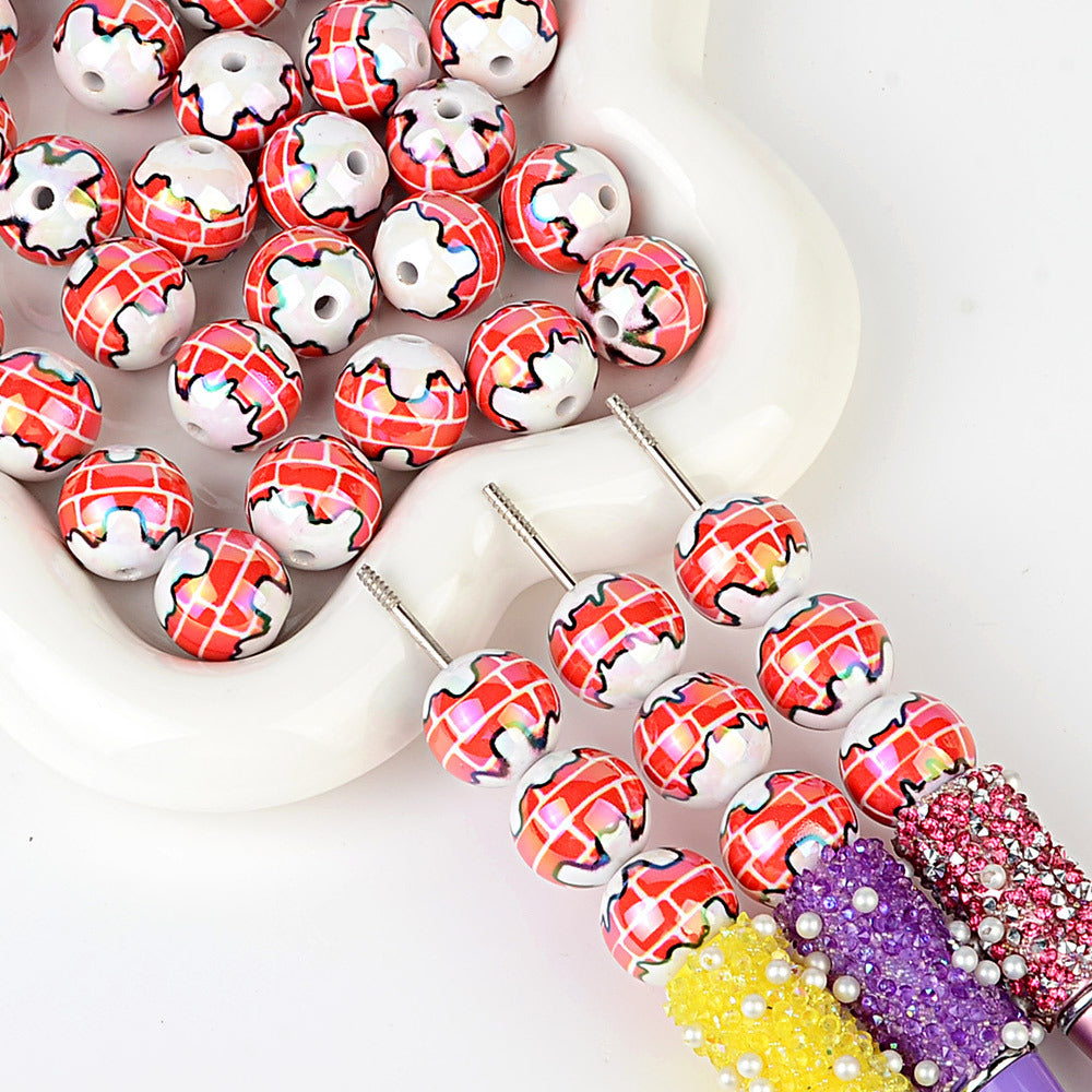 100Pcs Christmas red brick house printed round beads, through hole DIY handmade bracelet accessories loose beads Christmas beads