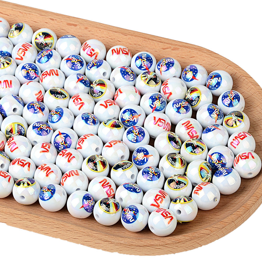100Pcs cross-border hot NASA pattern printing round beads acrylic through-hole loose beads handmade beaded bracelet accessories wholesale