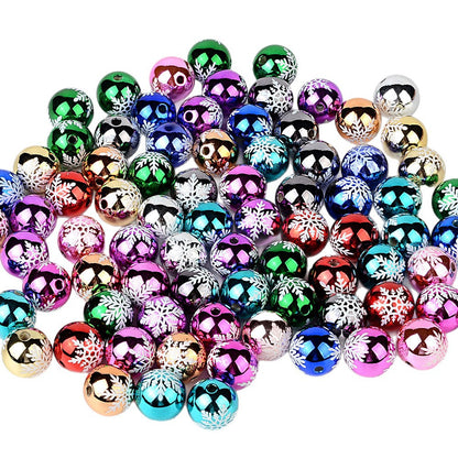 100Pcs 16mm metallic Christmas series snowflake printing round beads DIY handmade beaded loose beads mobile phone chain accessories