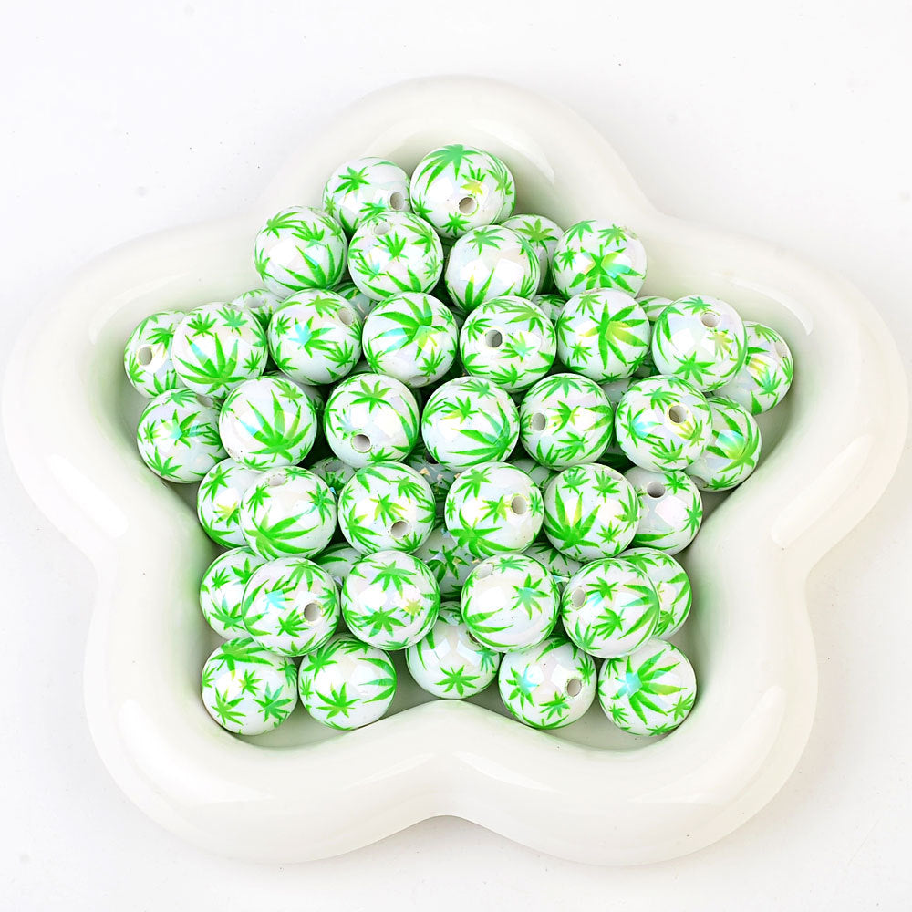 100Pcs color maple leaf printing beads, acrylic through-hole round beads Internet celebrity DIY jewelry accessories, cross-border wholesale