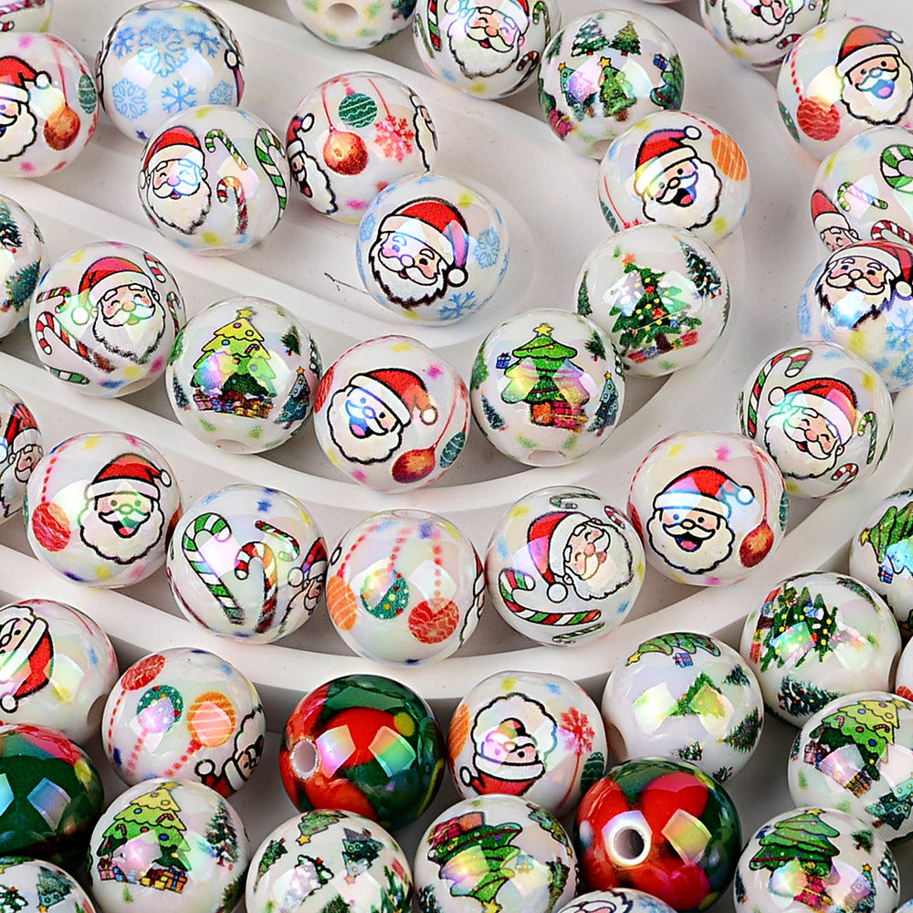 100Pcs Christmas elements UV plated Santa Claus Christmas tree straight hole round beads beaded DIY mobile phone chain pen accessories