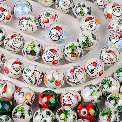 100Pcs Christmas elements UV plated Santa Claus Christmas tree straight hole round beads beaded DIY mobile phone chain pen accessories