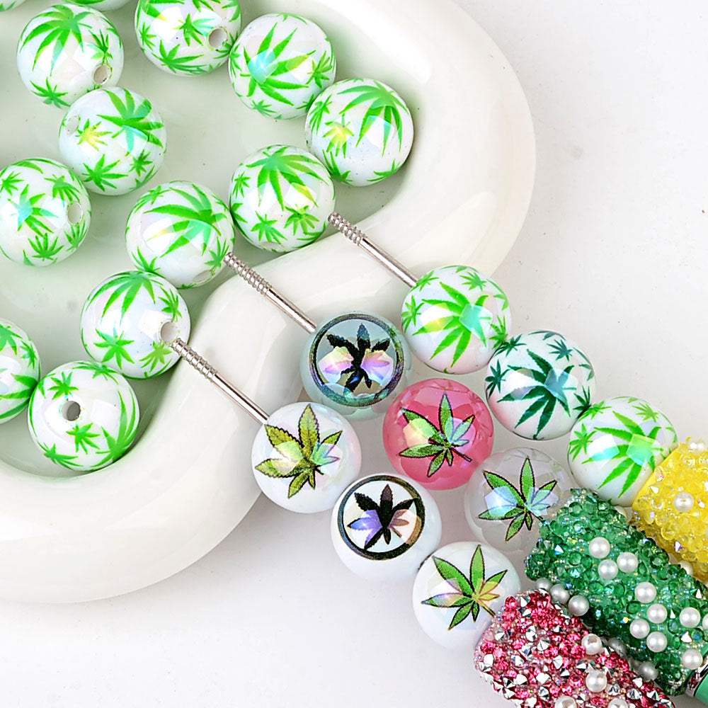 100Pcs color maple leaf printing beads, acrylic through-hole round beads Internet celebrity DIY jewelry accessories, cross-border wholesale
