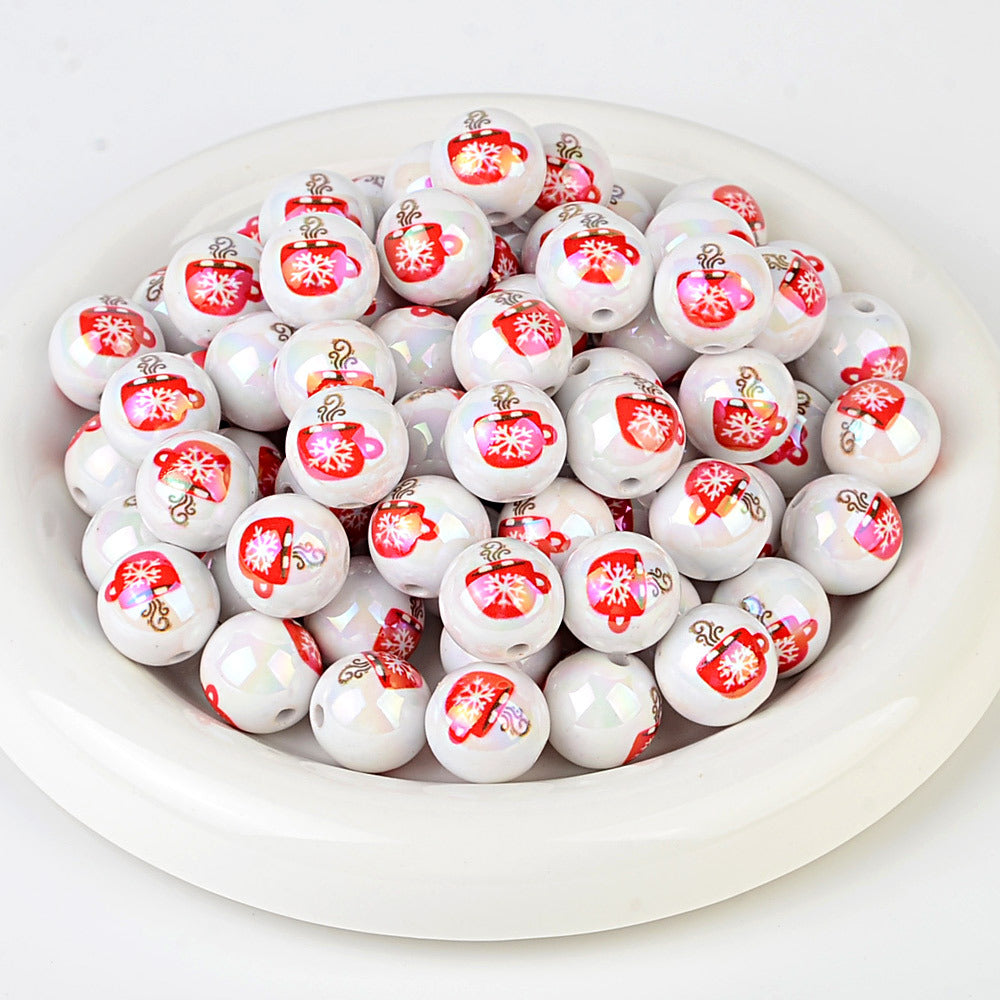 100Pcs 16mm acrylic printed Christmas snowflake coffee cup pattern round bead DIY bead pen mobile phone chain key accessories