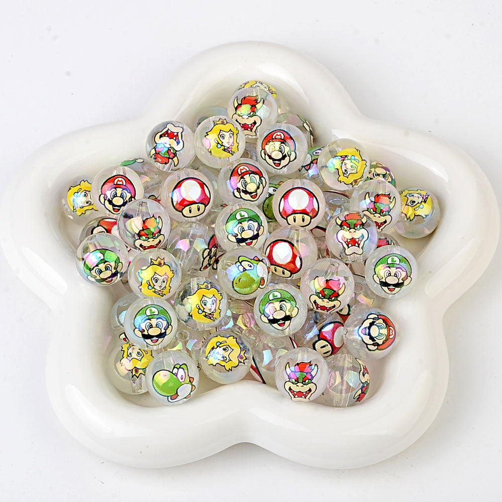 100Pcs 16mm acrylic cartoon Super Mario straight hole round beads DIY mobile phone rope keychain bead pen accessories
