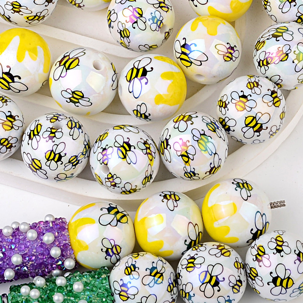 20Mm printed cartoon bee series straight hole round beads DIY printed round beads loose beads bead pen accessories