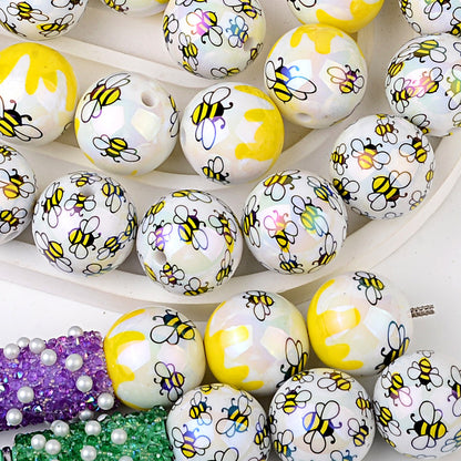 20Mm printed cartoon bee series straight hole round beads DIY printed round beads loose beads bead pen accessories