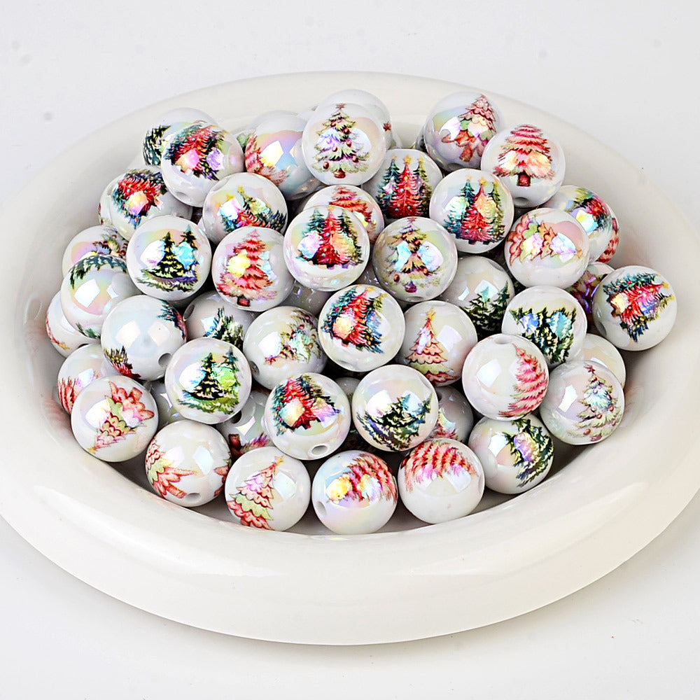 100Pcs Christmas elements printed round beads Santa Claus Christmas tree gingerbread man various acrylic beaded ornaments wholesale