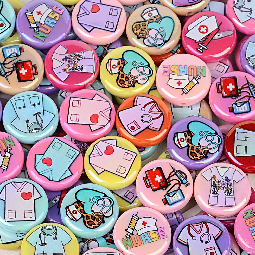 100Pcs acrylic disc bead printing medical clothing straight hole round bead DIY mobile phone rope keychain bead pen accessories