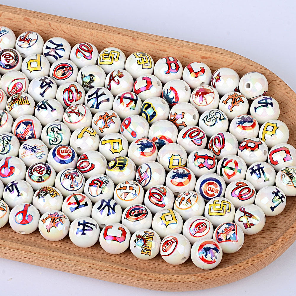 100Pcs acrylic printing MLB baseball round beads 16MM loose beads DIY bead pen car hanging accessories