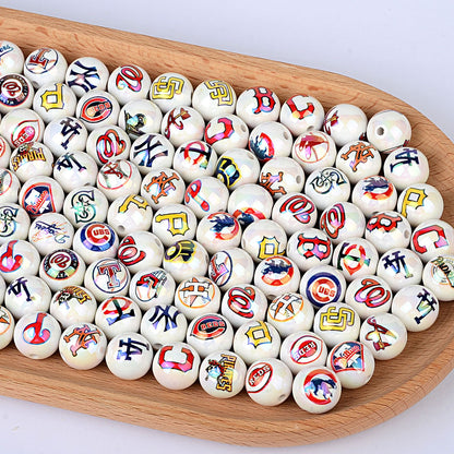 100Pcs acrylic printing MLB baseball round beads 16MM loose beads DIY bead pen car hanging accessories