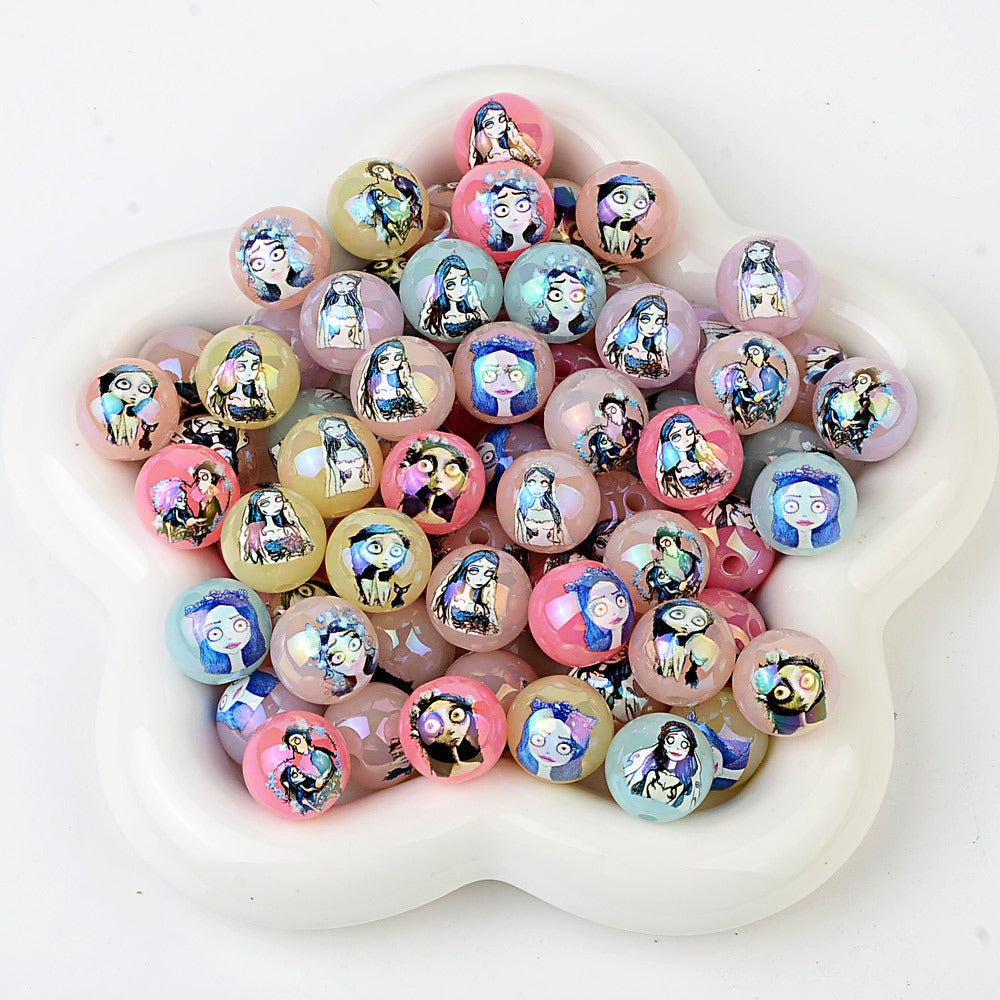 100Pcs Printed Halloween Theme Emily Victor Character Straight Hole Beads DIY Handmade Necklace Bead Pen Accessories