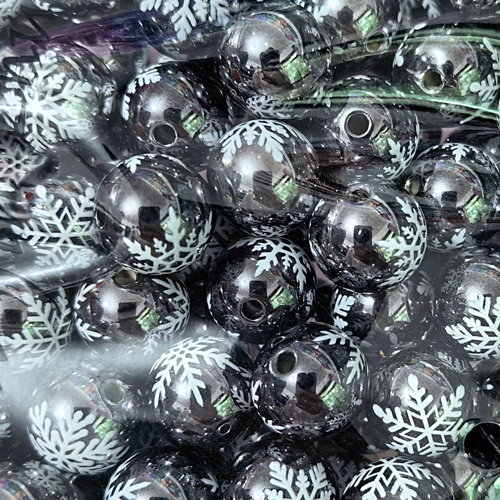 100Pcs 16mm metallic Christmas series snowflake printing round beads DIY handmade beaded loose beads mobile phone chain accessories