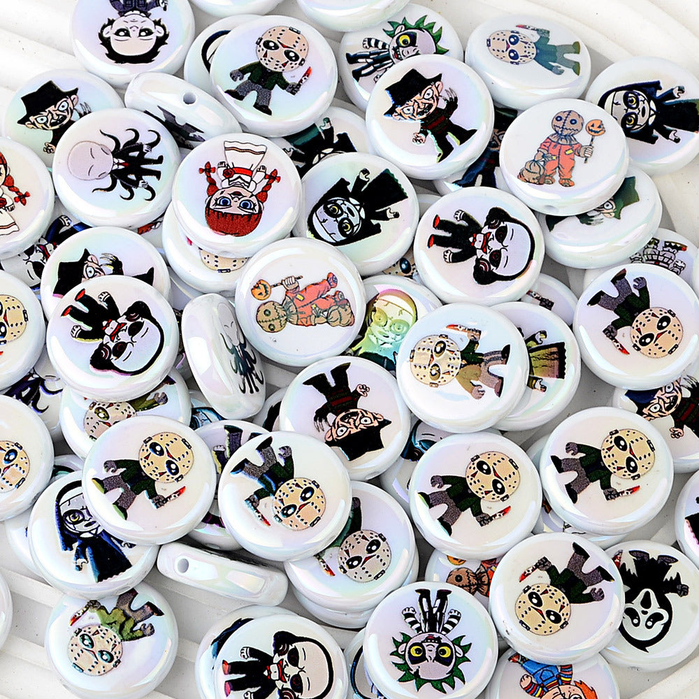 100Pcs Halloween dark cartoon character printed acrylic round beads flat piece mixed DIY handmade accessories wholesale