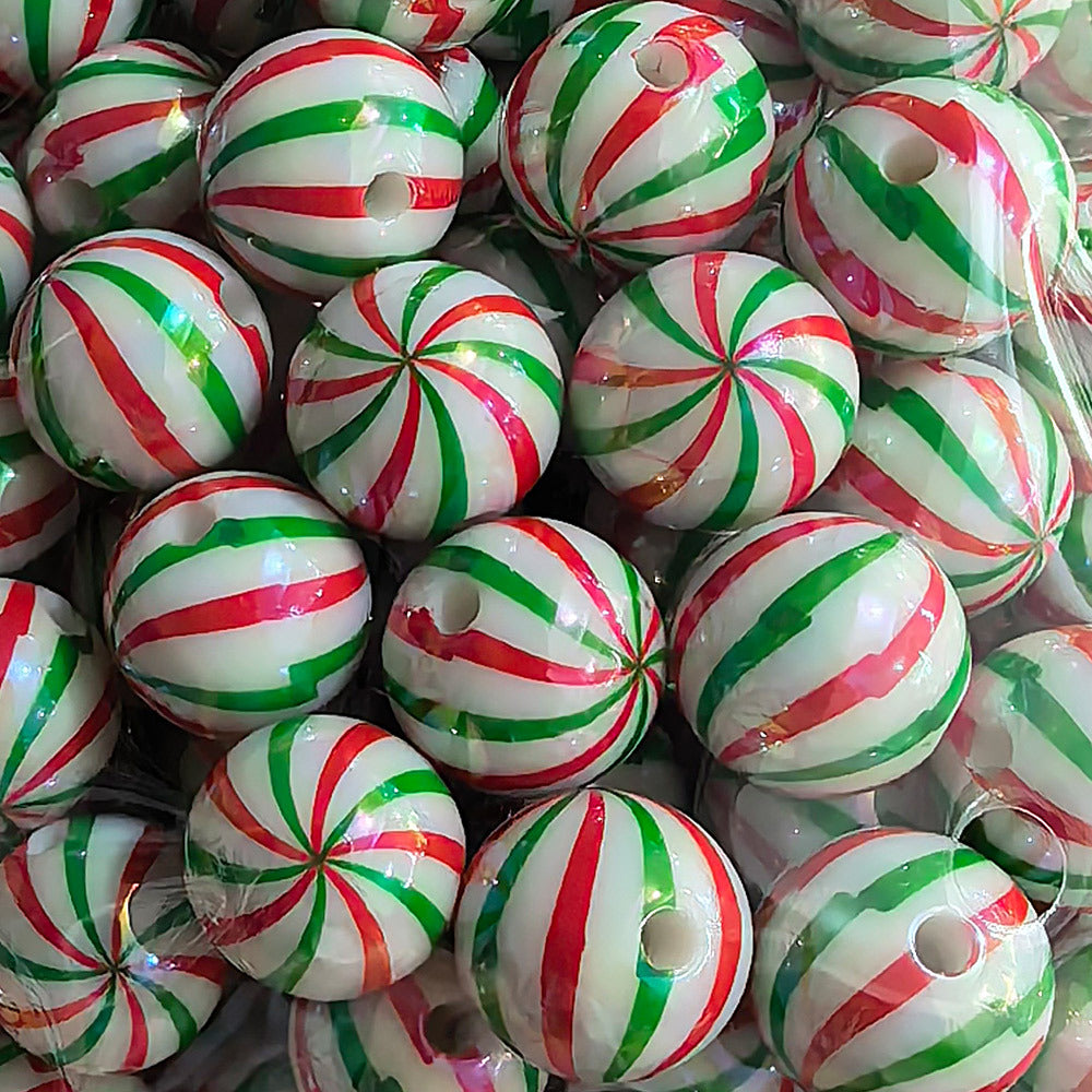 100Pcs 16mm Christmas acrylic printing striped spiral through hole beads DIY bead pen mobile phone chain accessories loose beads