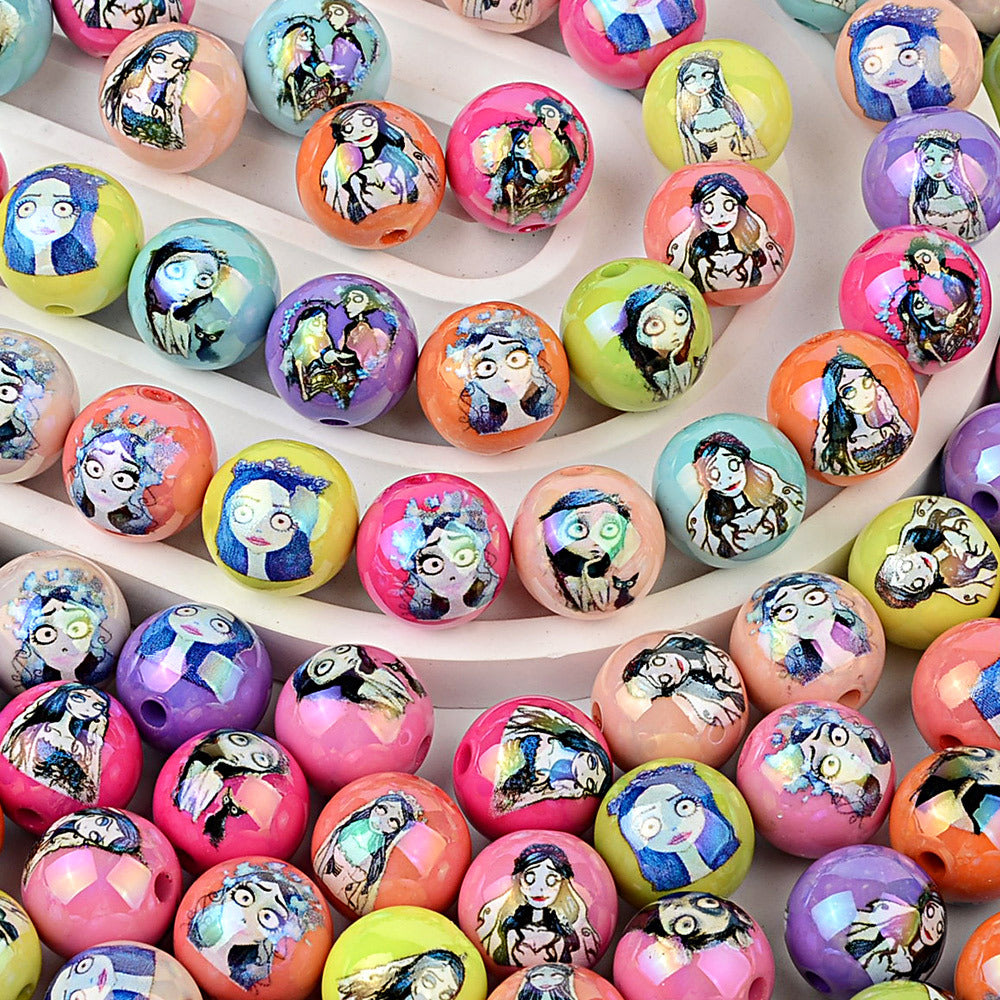 100Pcs Printed Halloween Theme Emily Victor Character Straight Hole Beads DIY Handmade Necklace Bead Pen Accessories