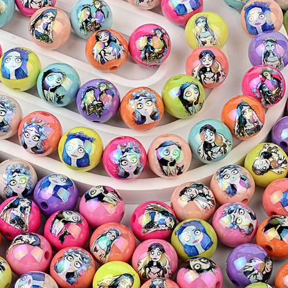 100Pcs Printed Halloween Theme Emily Victor Character Straight Hole Beads DIY Handmade Necklace Bead Pen Accessories