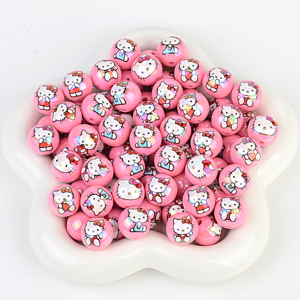 100Pcs printed Sanrio Hello Kitty hallo KT straight hole round beads DIY jewelry loose beads mobile phone chain bead pen accessories