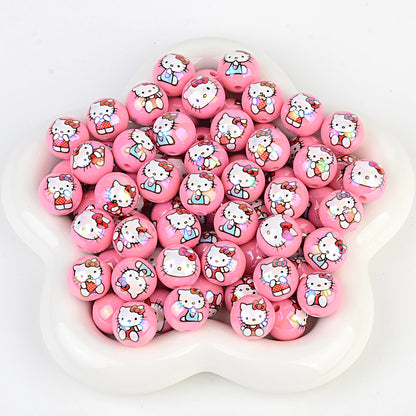 100Pcs printed Sanrio Hello Kitty hallo KT straight hole round beads DIY jewelry loose beads mobile phone chain bead pen accessories