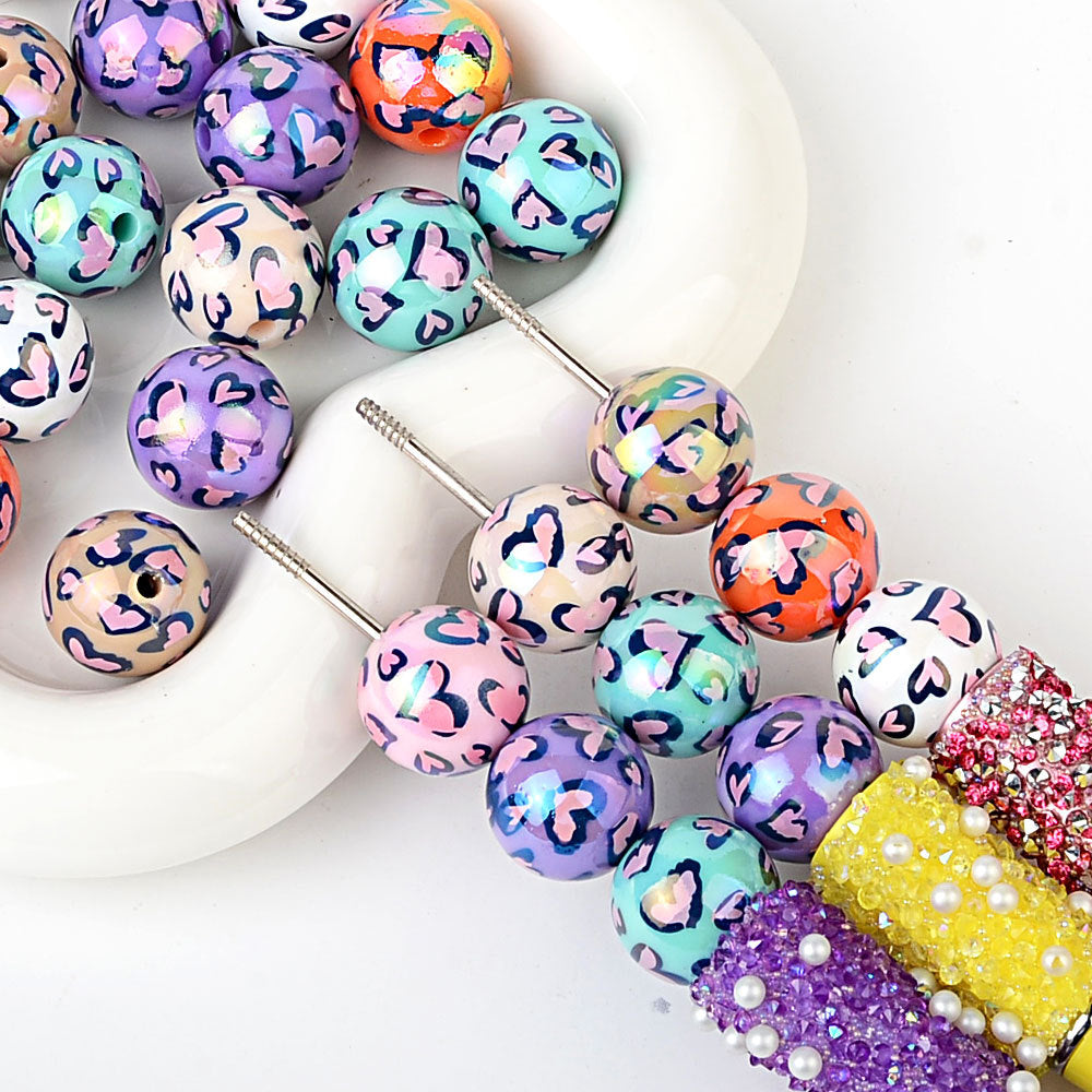 100Pcs acrylic two-color love leopard print printed beads DIY mobile phone chain bead pen jewelry accessories loose beads wholesale