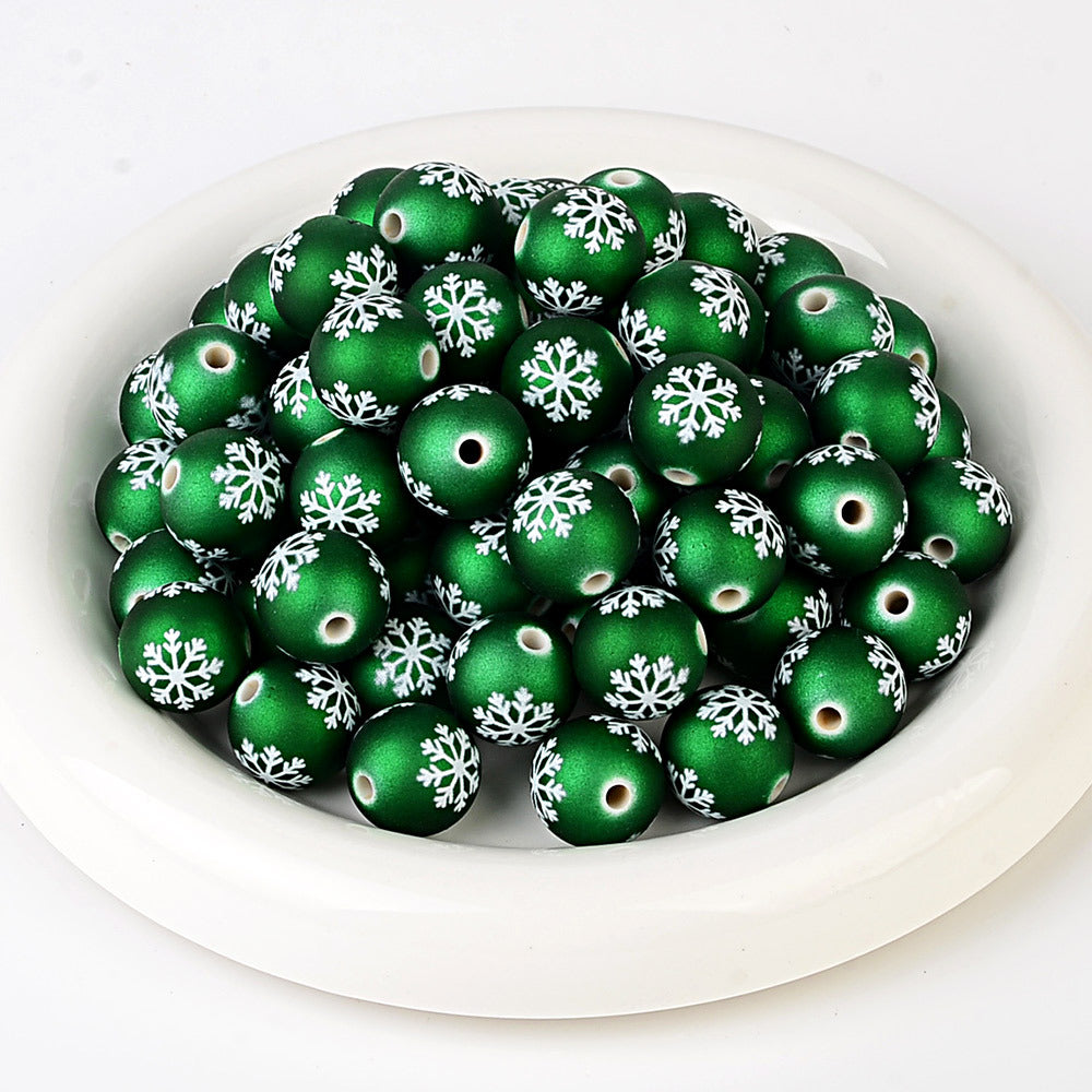100Pcs matte feel paint Christmas series three-sided printing snowflake straight hole round bead DIY jewelry mobile phone chain bead pen accessories