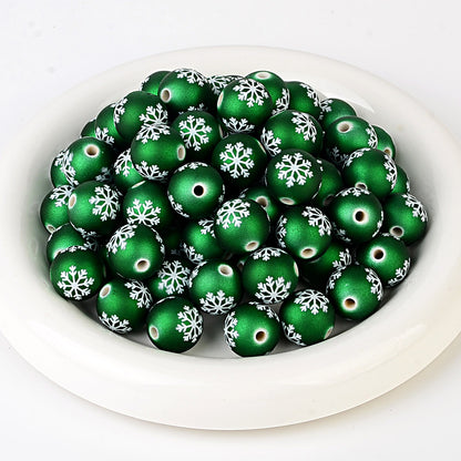 100Pcs matte feel paint Christmas series three-sided printing snowflake straight hole round bead DIY jewelry mobile phone chain bead pen accessories