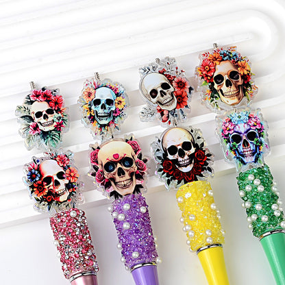 100Pcs Halloween printed acrylic dark flower skull piece beads DIY bead pen mobile phone chain keychain with