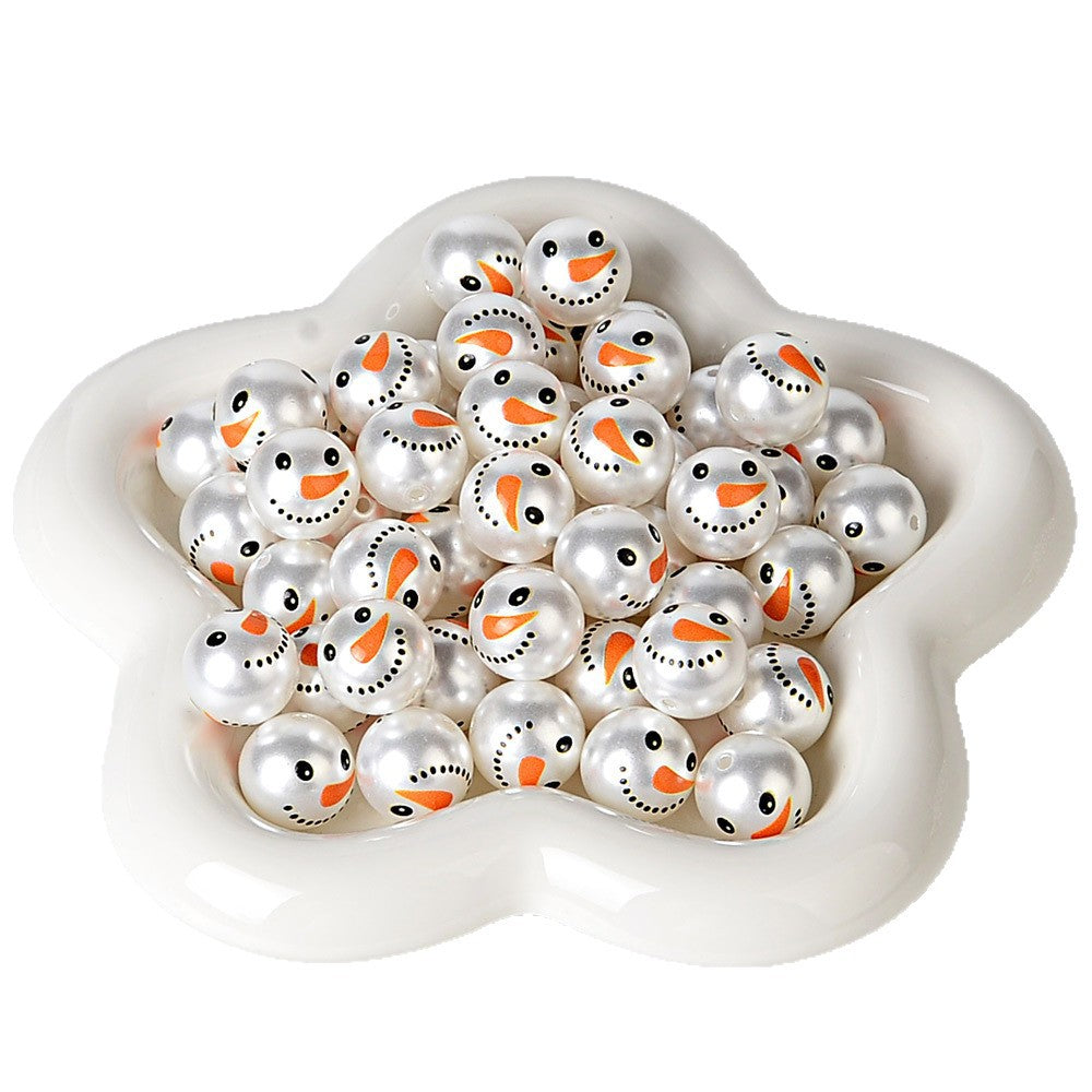 100Pcs anti-pearl printing Christmas two snowman straight hole round beads DIY mobile phone rope keychain bead pen accessories
