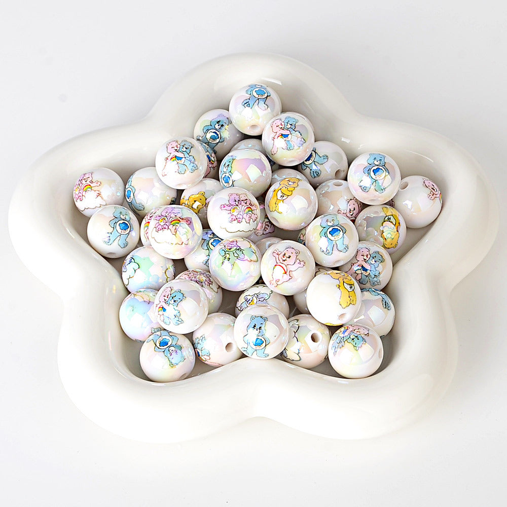 100Pcs Cross-border 16mm acrylic rainbow bear cartoon pattern printed beads round beads DIY bead pen jewelry accessories