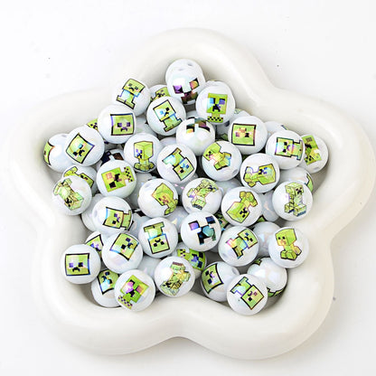100Pcs 16mm acrylic printed cartoon gamepad straight hole round beads DIY handmade beaded jewelry accessories material