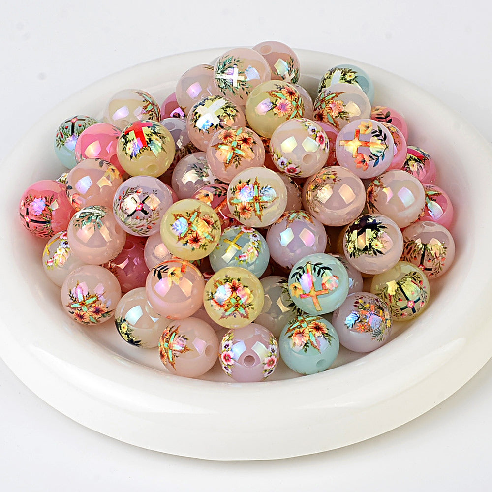100Pcs new printed cross beaded fashionable versatile acrylic round beads high value DIY mobile phone chain printed loose beads