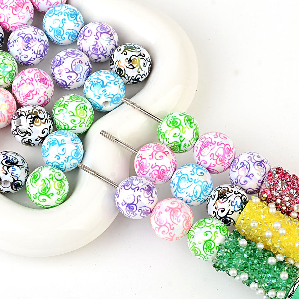 100Pcs solid color plating color printing roll grass pattern straight hole beading DIY mobile phone rope beading pen keychain pendant accessories