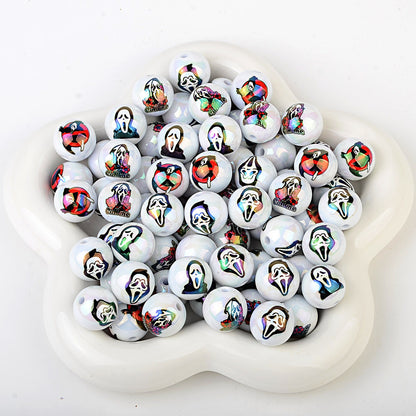 100Pcs 16mm Halloween grimace double-sided printed through-hole round beads DIY bead pen car hanging mobile phone chain loose bead accessories