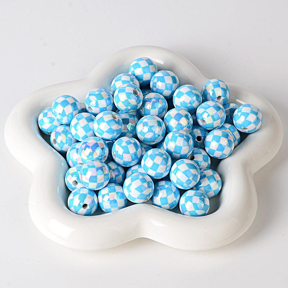 100Pcs UV plated color checkerboard square grid pattern round beads DIY handmade beaded loose bead string pen mobile phone chain jewelry accessories