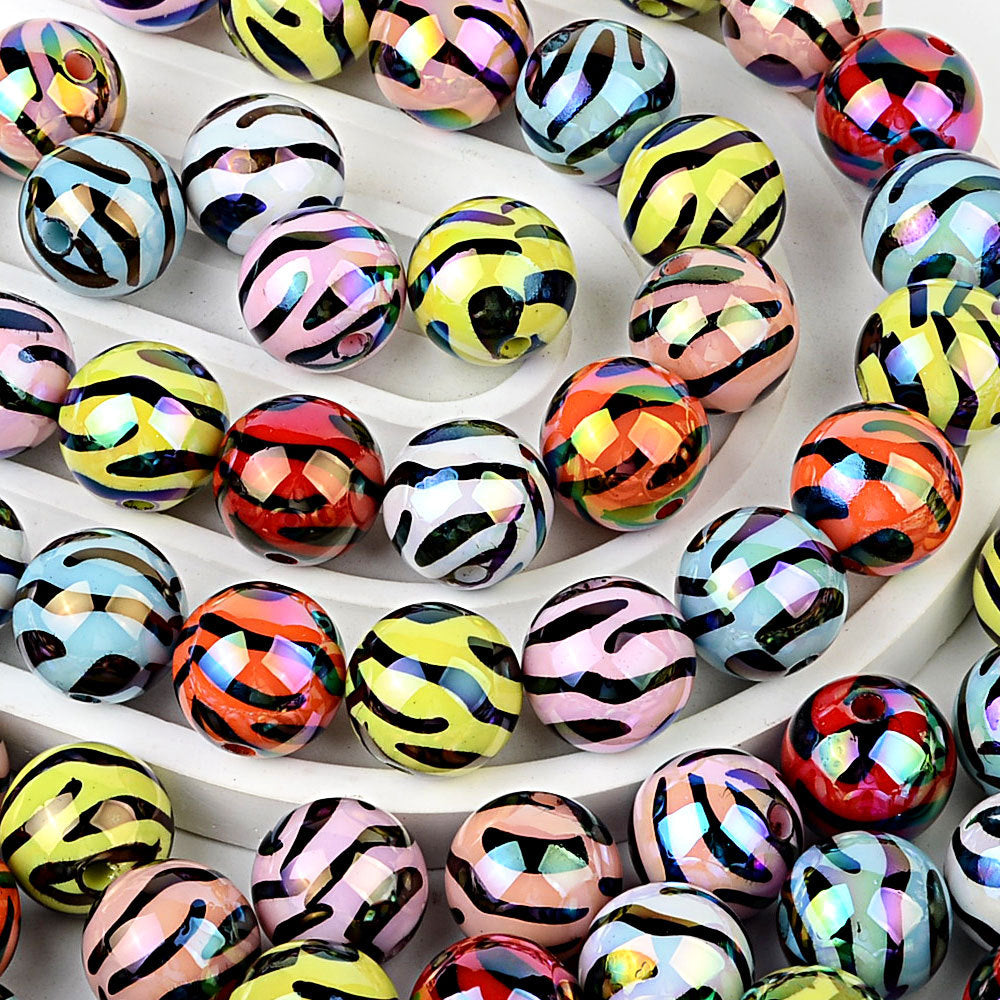 100Pcs UV plated colored acrylic zebra pattern line round beads colored striped beads DIY mobile phone chain keychain beaded material