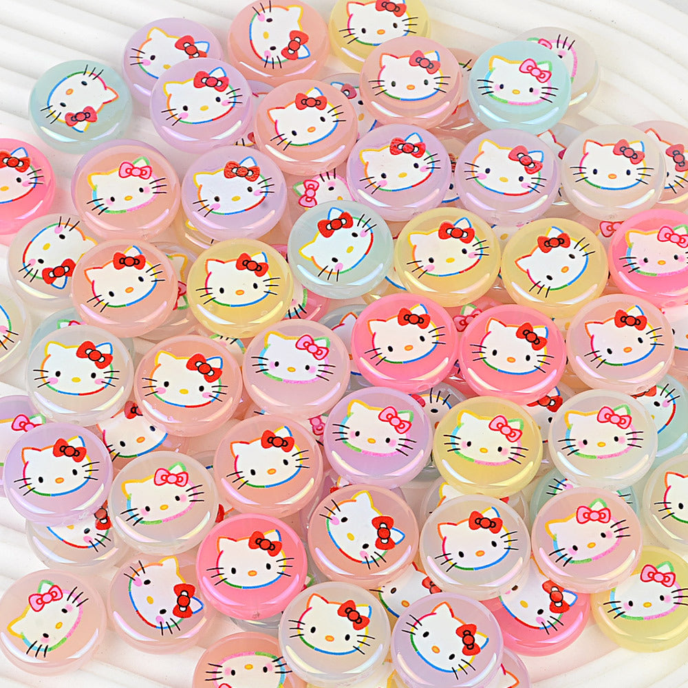 100Pcs acrylic loose beads double-sided printed hallo KT cat straight hole disc beads DIY jewelry mobile phone chain bead pen with
