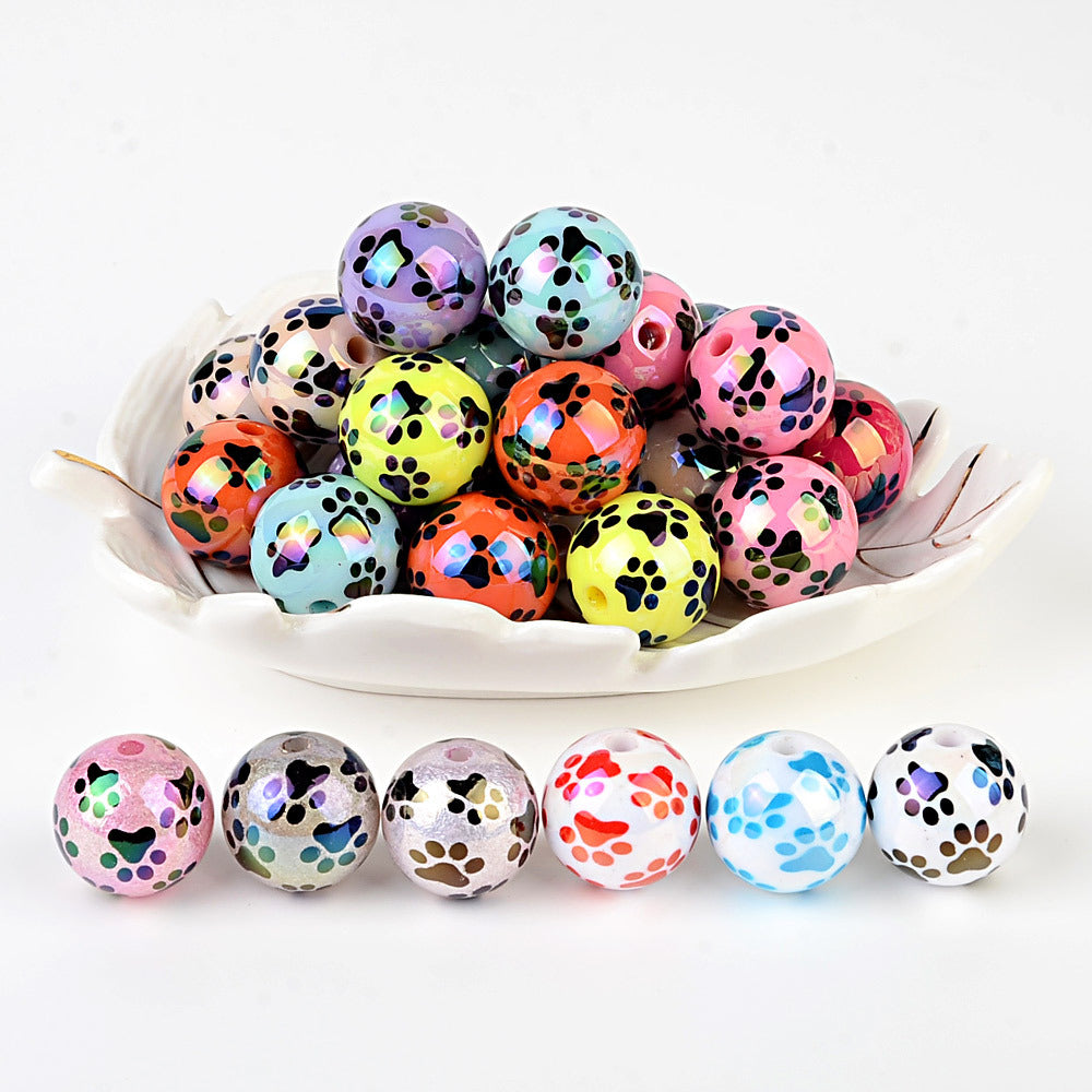 100Pcs acrylic solid color printing cat claw pattern 16 vertical hole round beads DIY Douyin live broadcast mobile phone rope keychain accessories