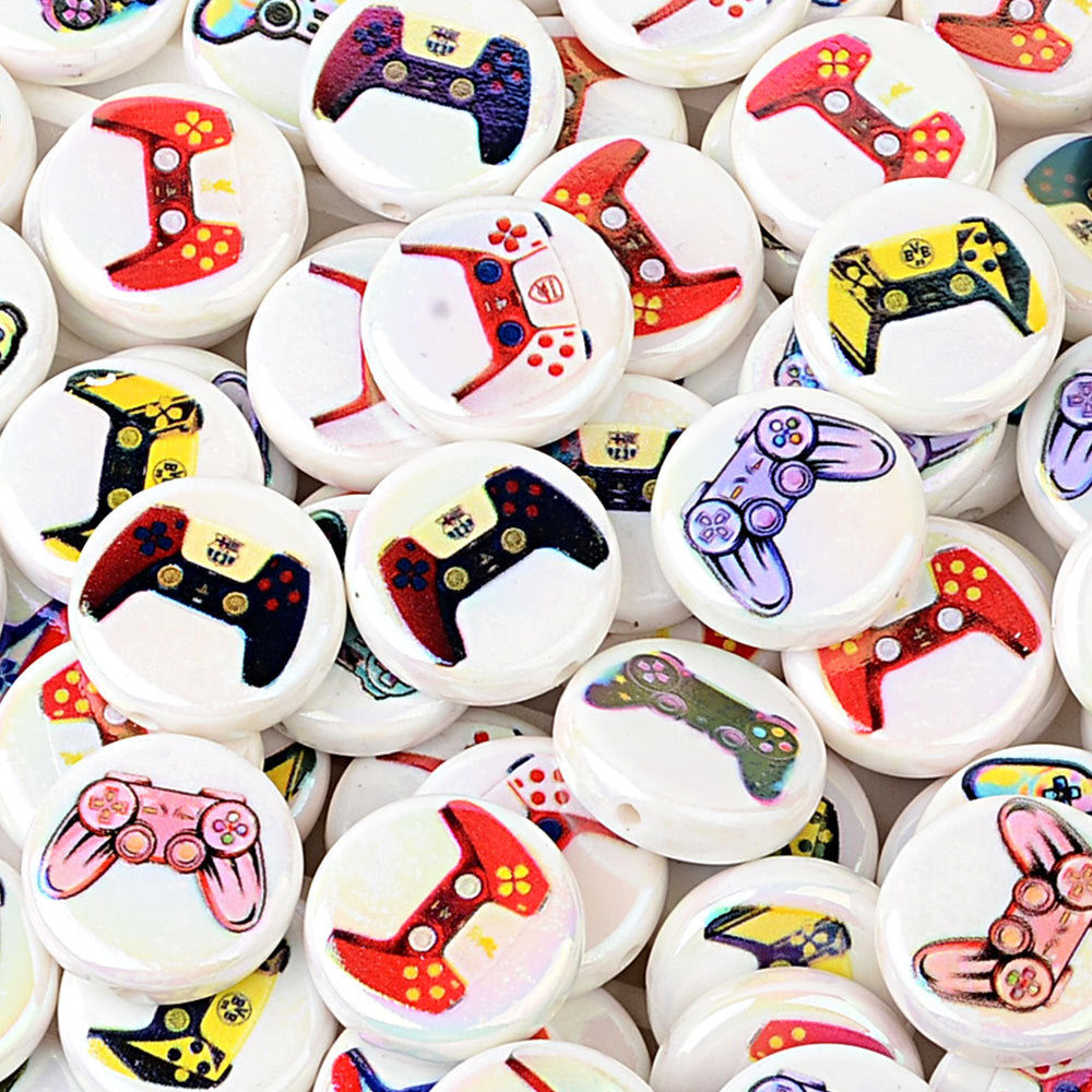 100Pcs 16mm acrylic printed cartoon gamepad straight hole round beads DIY handmade beaded jewelry accessories material