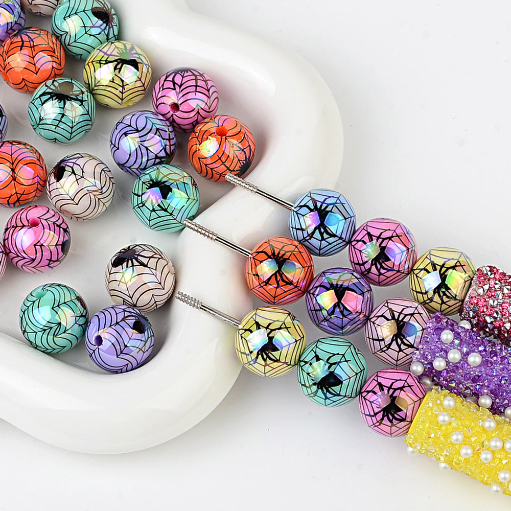 100Pcs 16mm acrylic plated Halloween theme spider straight hole round beads DIY mobile phone chain keychain accessories